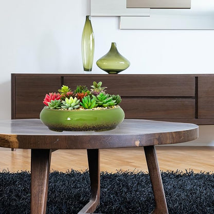 Succulent Pots - 11.5 Inch Ceramic Bonsai Pots with Drainage, Large Shallow Succulent Planters for Indoor Outdoor Plants, Round Glazed Cactus Flower Plant Container Bowl Home Desk Decor(Green)