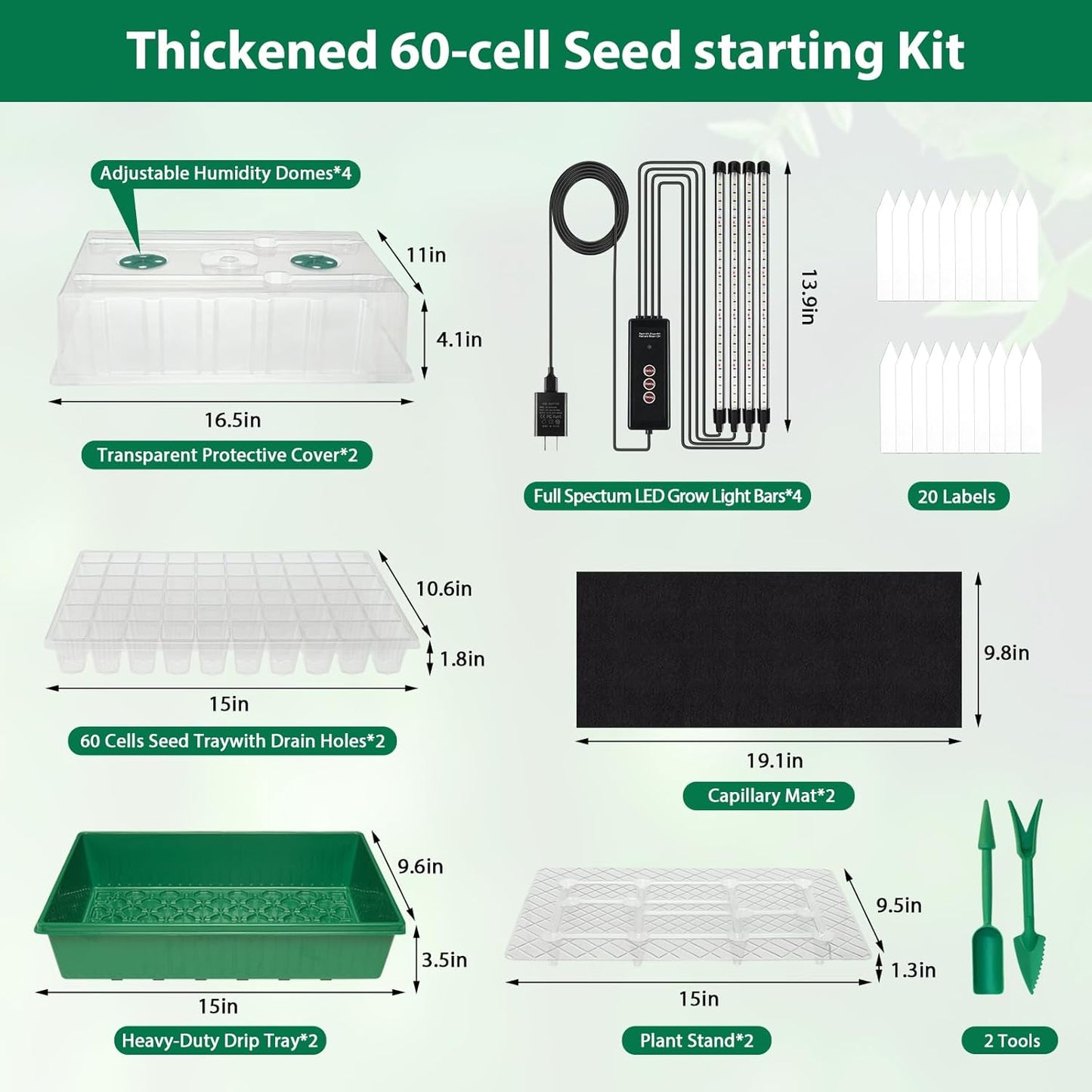2 Packs Seed Starter Tray, 120-Cell Self-Watering Seed Starter Kit with Grow Light and 4.07” Humidity Dome, Indoor Plant Starter Trays for Seed Germination & Gardening Supplies