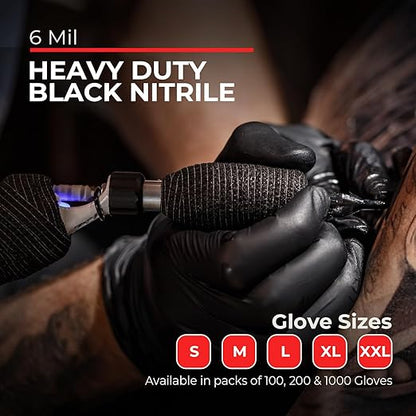 Heavy Duty 6 Mil Black Nitrile Gloves - Disposable, Latex & Powder Free | Mechanic, Food Prep & Tattoo | Rubber Gloves for Cooking, Cleaning & Household | Pack of (100)