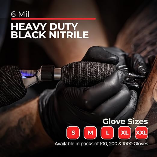 Heavy Duty 6 Mil Black Nitrile Gloves - Disposable, Latex & Powder Free | Mechanic, Food Prep & Tattoo | Rubber Gloves for Cooking, Cleaning & Household | Pack of (200)