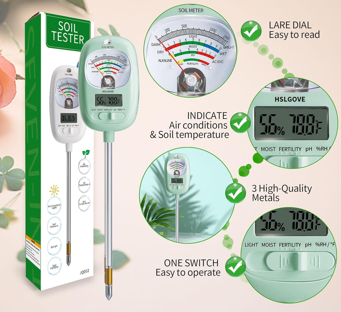 HSLGOVE Soil Test Kit, 7-in-One Soil Moisture Meter/Soil PH Meter/Fertility, Dual Screen Soil Tester w/Digital Soil Temp/Air Temp&Humidity for Plants Gardening,Lawn,Farm Indoor&Outdoor-LeafGreen