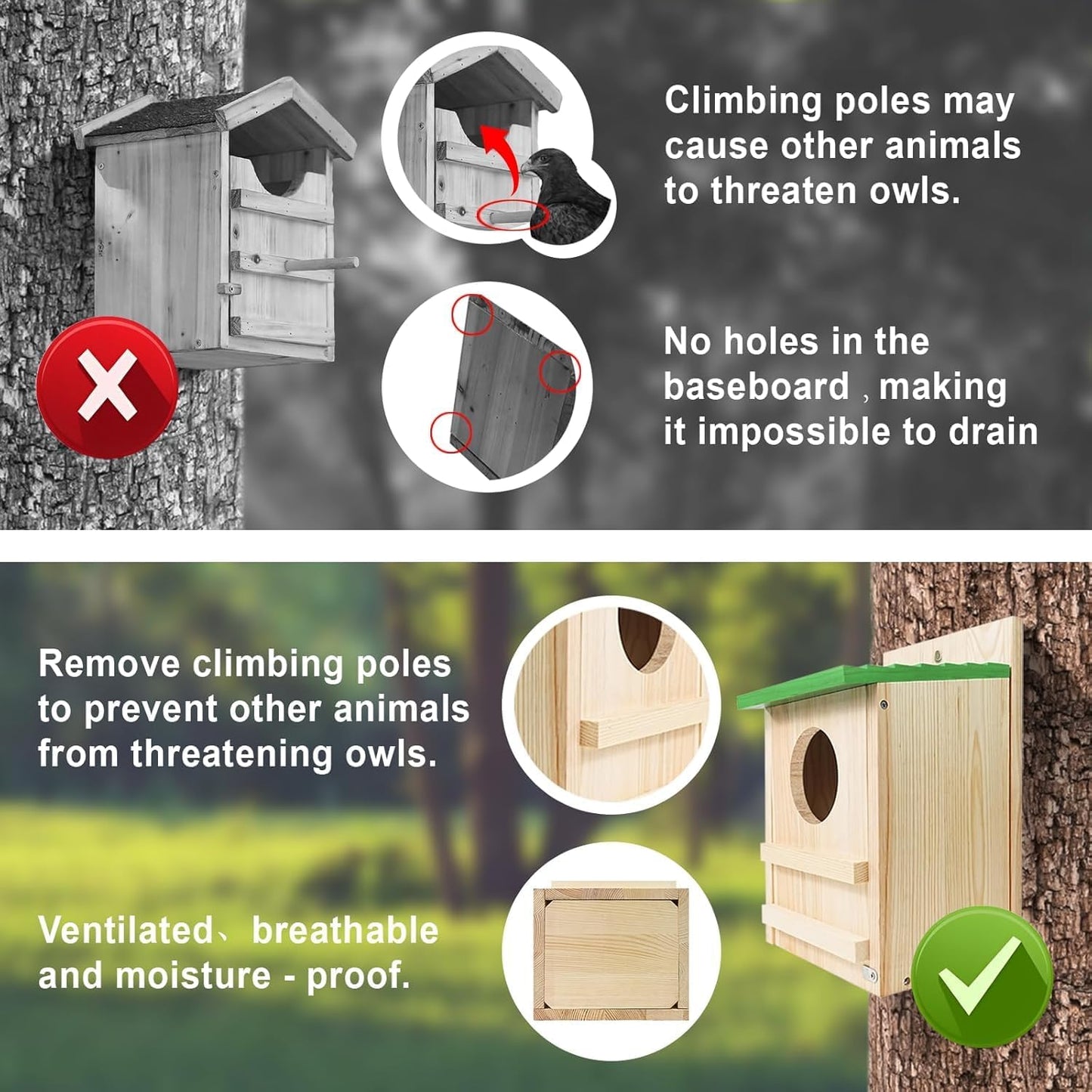 Screech Owl House, Owl Bird Box Large Handmade Wooden Circular Opening Screech Box for Outside with Mounting Screws and A Bag of Wood Shavings, Easy Assembly Required (Green, 9''x14.5XX)