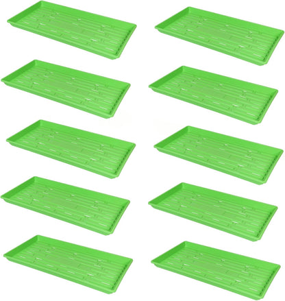 SUNPACK 10" x 20" Heavy Duty Shallow Plastic Seed Starting Tray, Green, 1" (Pack of 10) - Lined with Drainage Holes for Excess Water and Aeration, Ideal for Greenhouses or Indoor Gardening