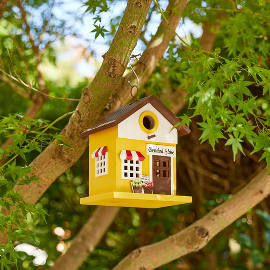 Glitzhome Birdhouses for Outdoors,Solid Wood Hanging Bird Houses for Outside, 9.5" H Modern General Store Decorative Pet Cottage Outdoor Garden Birdhouse for Outdoor Patio,Yellow