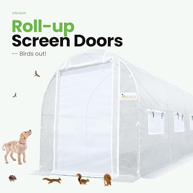 KING BIRD Premium 15x6.6x6.6FT Greenhouse for Outdoors, Large Walk-in Upgraded Galvanized Metal Frame, Mesh Door Screen Window Improved Zipper Tunnel Hoop for Garden Plant Winter, White