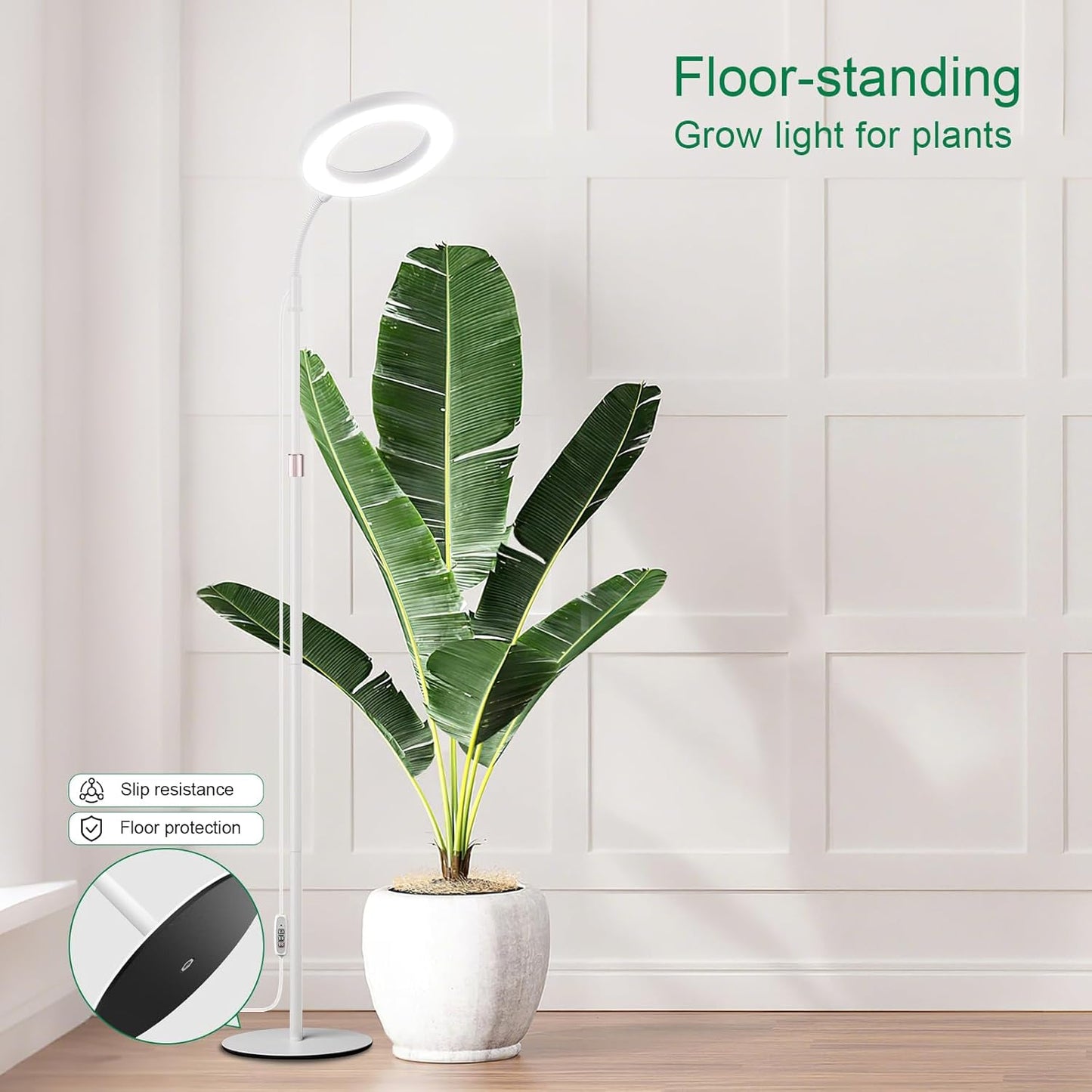 LBW Full Spectrum Grow Light with Stand – Adjustable Height (48.8-64.6"), Auto Cycle Timer (4/8/12H), 4 Brightness Levels, for Large Indoor Plants (White)