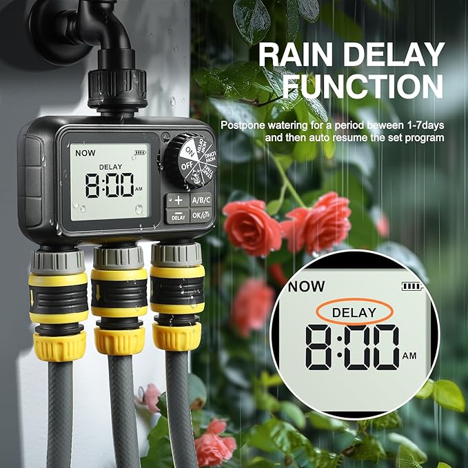 Sprinkler Timer,3 Outlets Programmable Water Timer with Brass Inlet for Garden Hose,Outdoor with Rain Delay/Manual/Automatic Watering System,Digital Irrigation Timers for Yard,Lawn