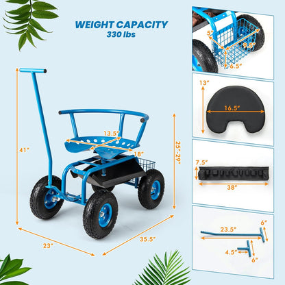 Giantex Garden Cart, Rolling Workseat with 4 Wheels, Tool Tray, Removable Cushion, Storage Basket, 2 Handles, Adjustable Height & 360 Swivel Work Seat, Gardening Stool for Patio Lawn (Blue & Black)