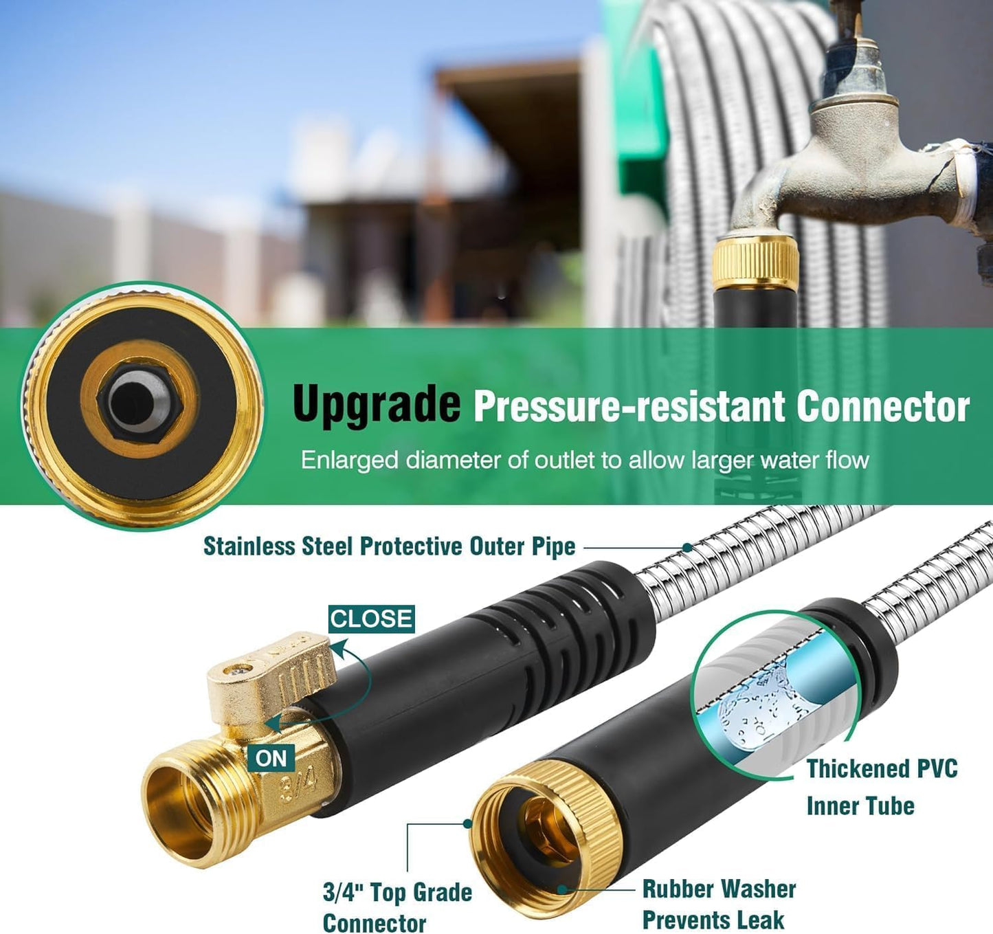 Metal Garden Hose 150Ft Stainless Steel Water Hose Heavy Duty with 10 Way Nozzle-Flexible Lightweight Durable No Kink & Tangle，Strong 3/4’’ Solid Metal Fitting Shut-Off Valve for Outdoor Yard