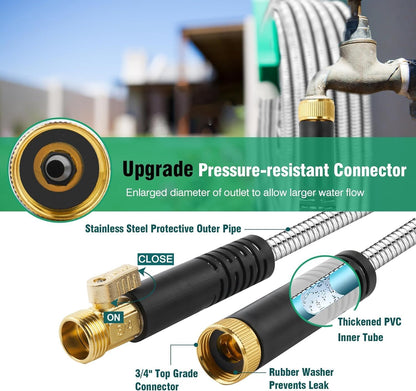 Metal Garden Hose 200Ft Stainless Steel Water Hose Heavy Duty with 10 Way Nozzle-Flexible Lightweight Durable No Kink & Tangle，Strong 3/4’’ Solid Metal Fitting Shut-Off Valve for Outdoor Yard