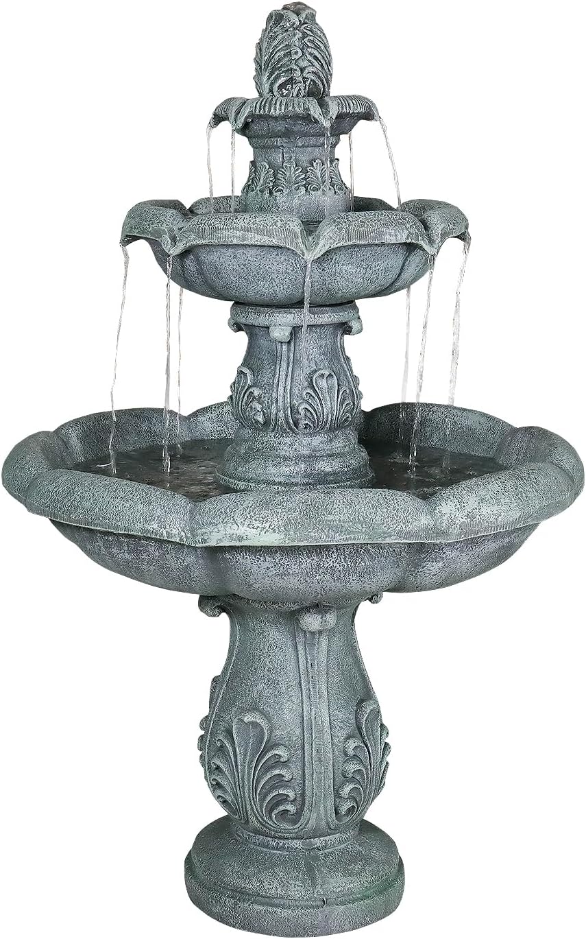SunJet 48" High 3-Tiers Modern Concrete Outdoor Water Fountain - Round Large Outdoor Fountains and Waterfalls for Garden, Patio, Yard, and Deck Decor, Featuring Natural Stone Look (Grey, 48 inch)