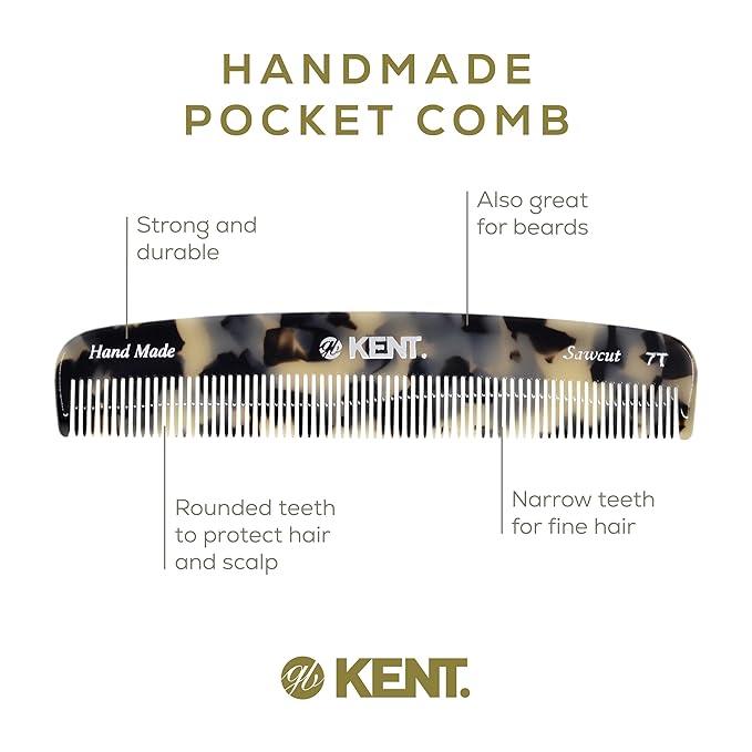 Kent 7T TW Handmade Fine Tooth Pocket Comb - For Men's Everyday Grooming, Styling, and Travel - Suitable for Mustache, Beard, Dry, Wet, Fine or Thinning Hair - Saw Cut and Hand Polished