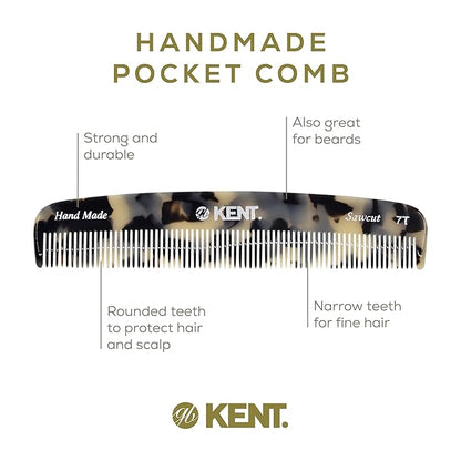 Kent 7T TW Handmade Fine Tooth Pocket Comb - For Men's Everyday Grooming, Styling, and Travel - Suitable for Mustache, Beard, Dry, Wet, Fine or Thinning Hair - Saw Cut and Hand Polished