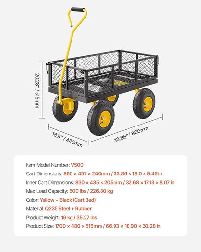 VEVOR 500 Lbs Steel Garden Cart, Heavy Duty Garden Wagon Cart Pullable on Wheels, Metal Yard Utility Wagon Carts with 10" All Terrain Tires, Mesh Removable Sides and 180°Rotating Handle