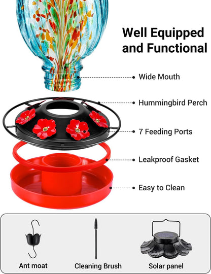 Solar Hummingbird Feeder - 49 fl.oz Hand Blown Glass Color Changing - 7 Feeding Ports with Perch - Never Leak - Perfect Hummingbird Feeder for Outdoors Hanging (Blue)
