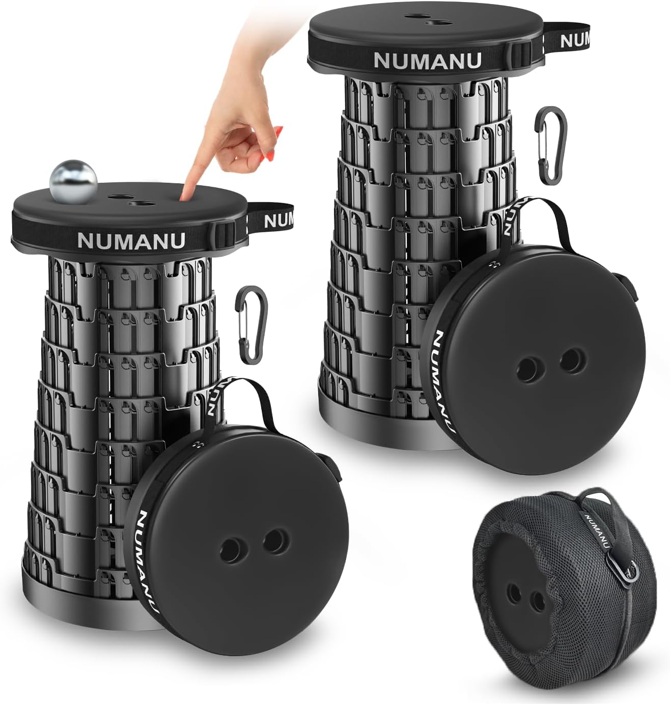 NUMANU 2025 Upgraded Collapsible Stool, 2.5"-18" Max 620lb Portable Folding Stool, Height Adjustable Retractable Telescopic Seat (2Pack Padded + Accessories)