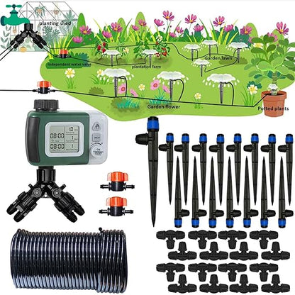64FT Drip Irrigation Kit with Garden Timer Plant Watering System with Tubing Gushing Nozzles and Water Timer, Quick Connector Kits Easy to Assemble
