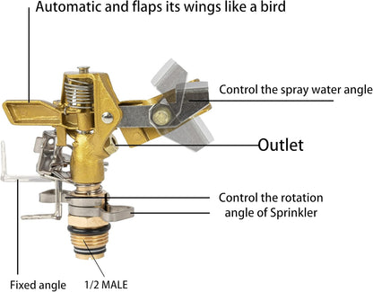 Hourleey 1/2 Inch Brass Impact Sprinkler, Heavy Duty Water Sprinkler Head, Adjustable 0-360 Degree Coverage Pattern, Watering Sprinkler with Nozzles for Large Patio Garden Irrigation (1 Pack)