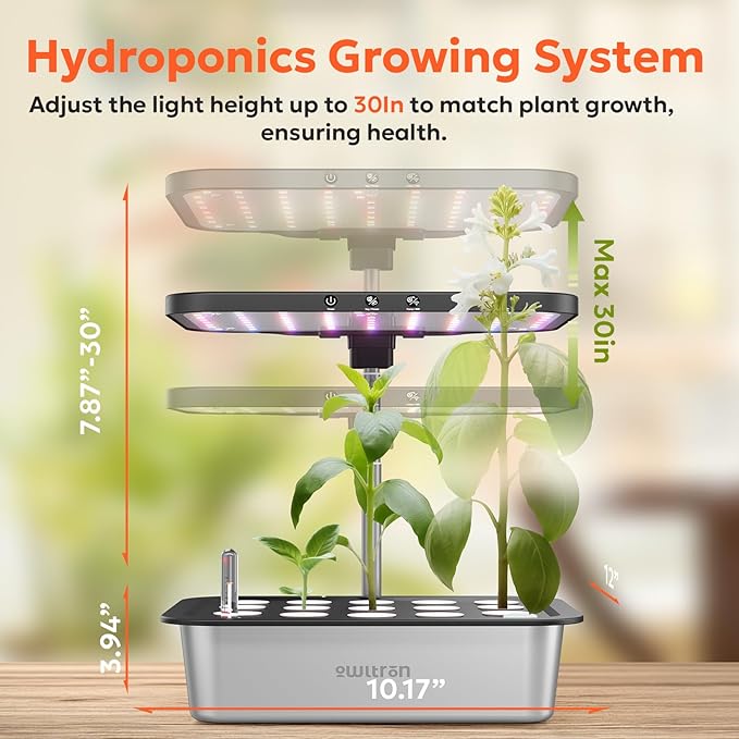 owltron Smart Hydroponics Growing System Kit,15 Pods Indoor Herb Garden with 36W LED Grow Light & APP Control, Planting Height Up to 30", Quiet Water Pump, Stainless Steel - Ideal Gift for All Ages