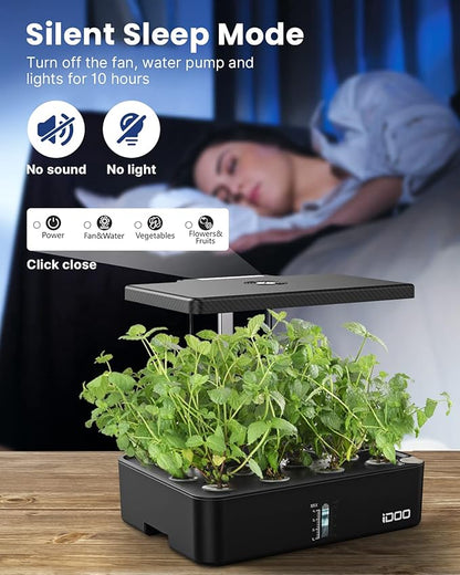iDOO Hydroponics Growing System Kit 12Pods, Christmas Gifts for Women Mom, Herb Garden Indoor with LED Grow Light for Home, Built-in Fan, Auto-Timer, Adjustable Height Up to 11.3", 12Pods Kit-Black