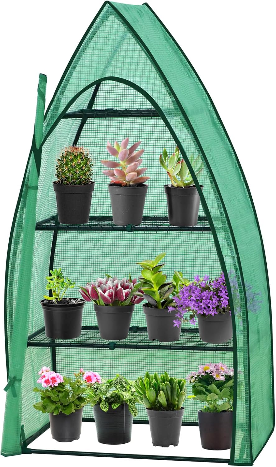 EAGLE PEAK 4-Tier Mini Greenhouse Portable Green House with Shelves & Weather-Resistant PE Cover, Small Greenhouse for Seedlings & Gardening Gifts, 35x18x63 in, Clear/Green