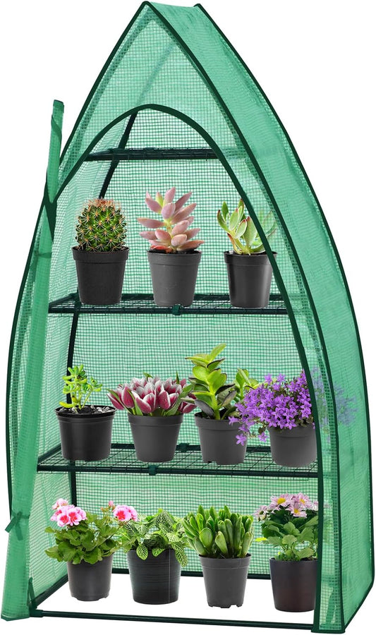 EAGLE PEAK 4-Tier Mini Greenhouse Portable Green House with Shelves & Weather-Resistant PE Cover, Small Greenhouse for Seedlings & Gardening Gifts, 35x18x63 in, Clear/Green