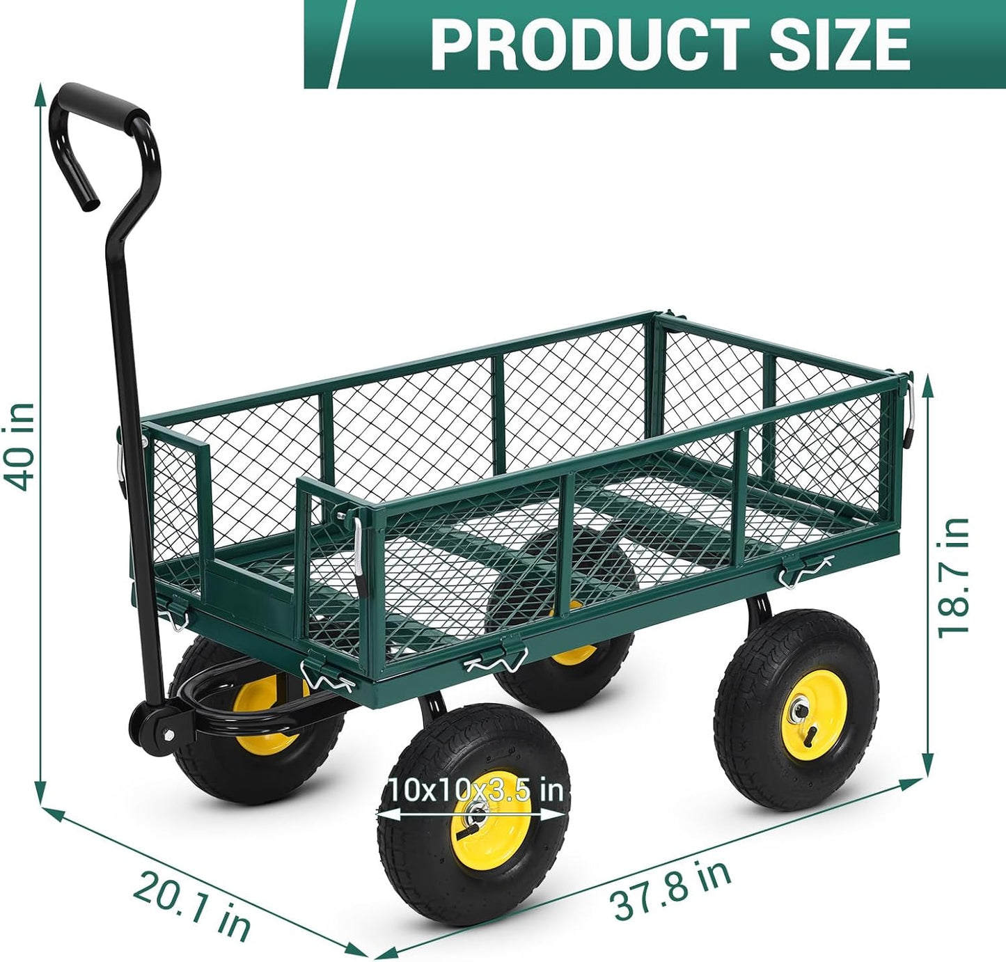 Steel Garden Cart, 900 LBS Heavy Duty Metal Garden Wagon with 10 in Wheels, Metal Push Wagon with 180° Rotating Handle and Removable Sides for Farm, Yard