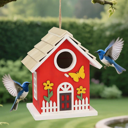 Red Wooden Bird House for Outside, Nesting Box with Sturdy Rope, Haing Bird Houses for Wren, Cardinal, Swallow, Sparrow, Finch