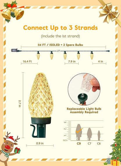 Brightown C9 Christmas Lights Outdoor, 114FT 150 LED Warm White String Lights with Timer, 8 Modes, Plug-in UL Listed Waterproof Connectable Christmas Tree Lights for House, Roof, Garden, Patio Decor