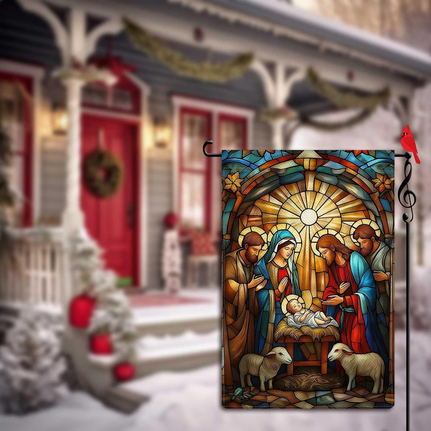 O Holy Night Garden Flag Jesus Birth Nativity Night Small Flag for Outside Stained Glass Style Burlap Double Sided Welcome Yard Lawn Winter Decor 12.5x18"