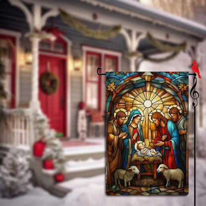 O Holy Night Garden Flag Jesus Birth Nativity Night Small Flag for Outside Stained Glass Style Burlap Double Sided Welcome Yard Lawn Winter Decor 12.5x18"