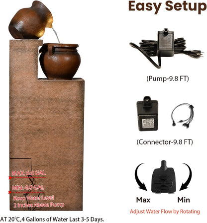 53" H Patio Water Fountain-The 4 Cascading Modern Feature Crocks Garden Fountains and Waterfalls with Warm Lights for Porch, Deck, Patio, Backyard Home Décor (Gold)