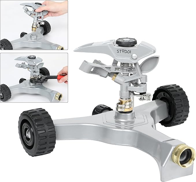 STYDDI Metal Pulsating Sprinkler on in-Series Metal Wheeled Base, Adjustable Circular Water Sprinkler for Medium to Large Circular Lawn, Yard, Garden and Large Areas, Coverage up to 6,360 Sq. ft