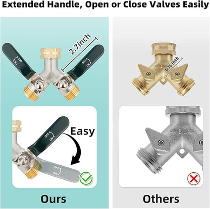 Hose Splitter 2 Way, Brass High Flow Garden Hose Splitter Heavy Duty, Hose Connector, Water Spigot Splitter, Full Flow Faucet Splitters with shutoff, 3/4” GHT Inlet