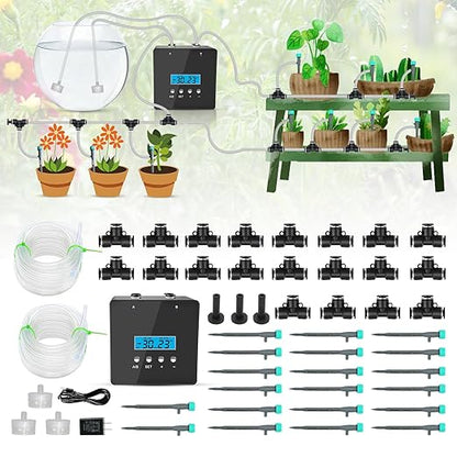 Automatic Plant Waterer Indoor, Indoor Plant Watering Devices with 2 self-Priming Pump, Automatic drip Irrigation kit with 20 Adjustable droppers， self Watering System, programmable Timer