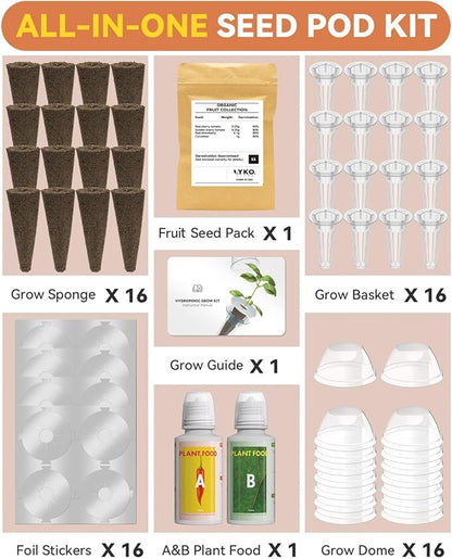 LYKOCLEAN Fruits Seed Pod Kit for AeroGarden, Ahopegarden, iDoo, GARDENCUBE, MUFGA with Strawberry, Cucumber, Red/Golden Cherry Tomato, Compatible with All Indoor Hydroponics Growing System, 16-Pod
