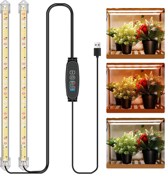 16" Plant Grow Light Strips, 120 LEDs Grow Lights for Indoor Plants Full Spectrum with 3/9/12H Timer & 10 Dimmable Levels, Sunlight Plant Growing lamp for Seeding 2 Heads(No Adapter)