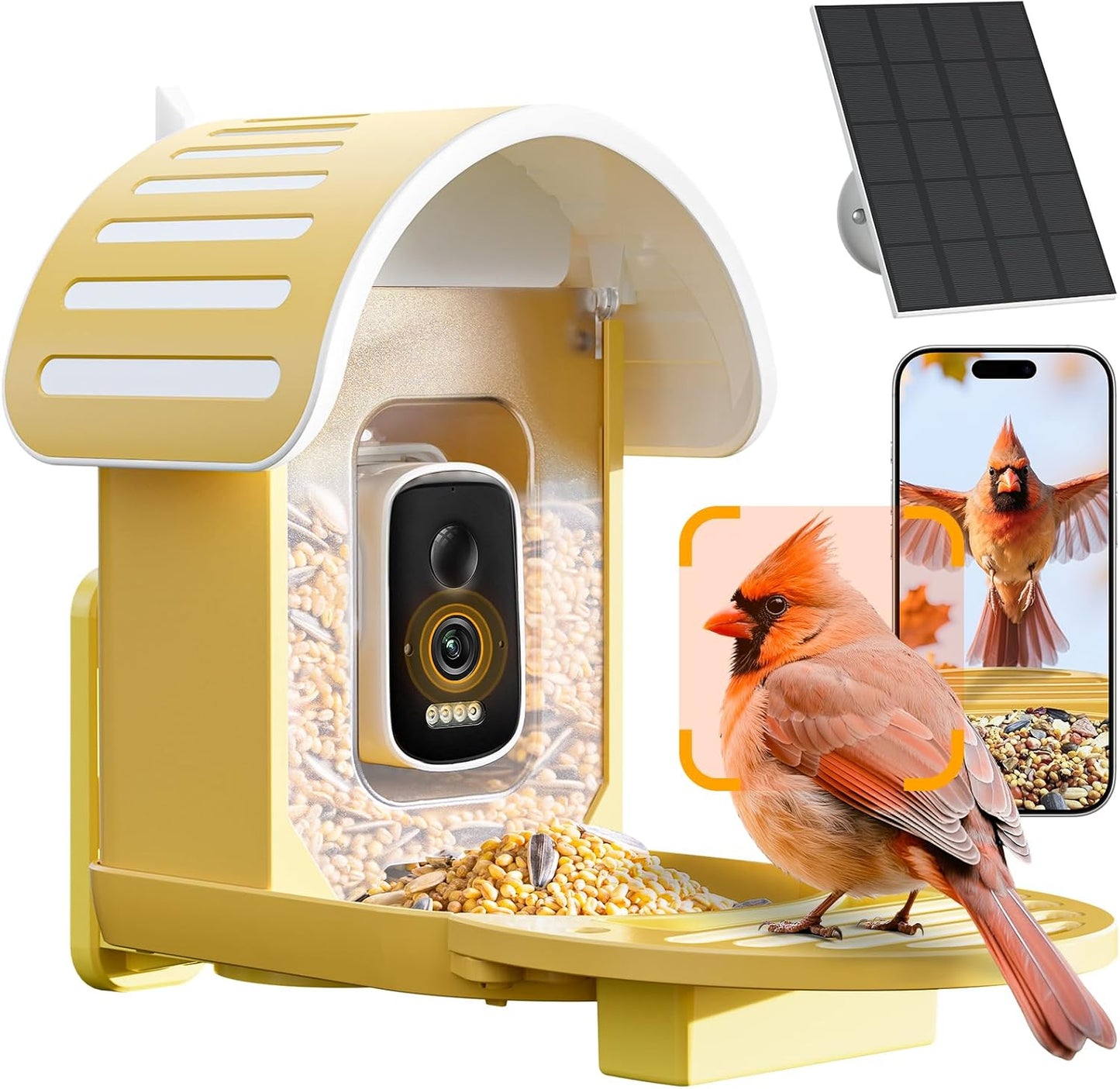 Smart Bird Feeder with Camera, 2.5K UHD Bird Feeder Camera Solar Powerd, Sensitive AI Bird Identification, Instant Alerts Capture Bird Video, IP66 Bird Feeder for Outdoor, Ideal Gift, Yellow