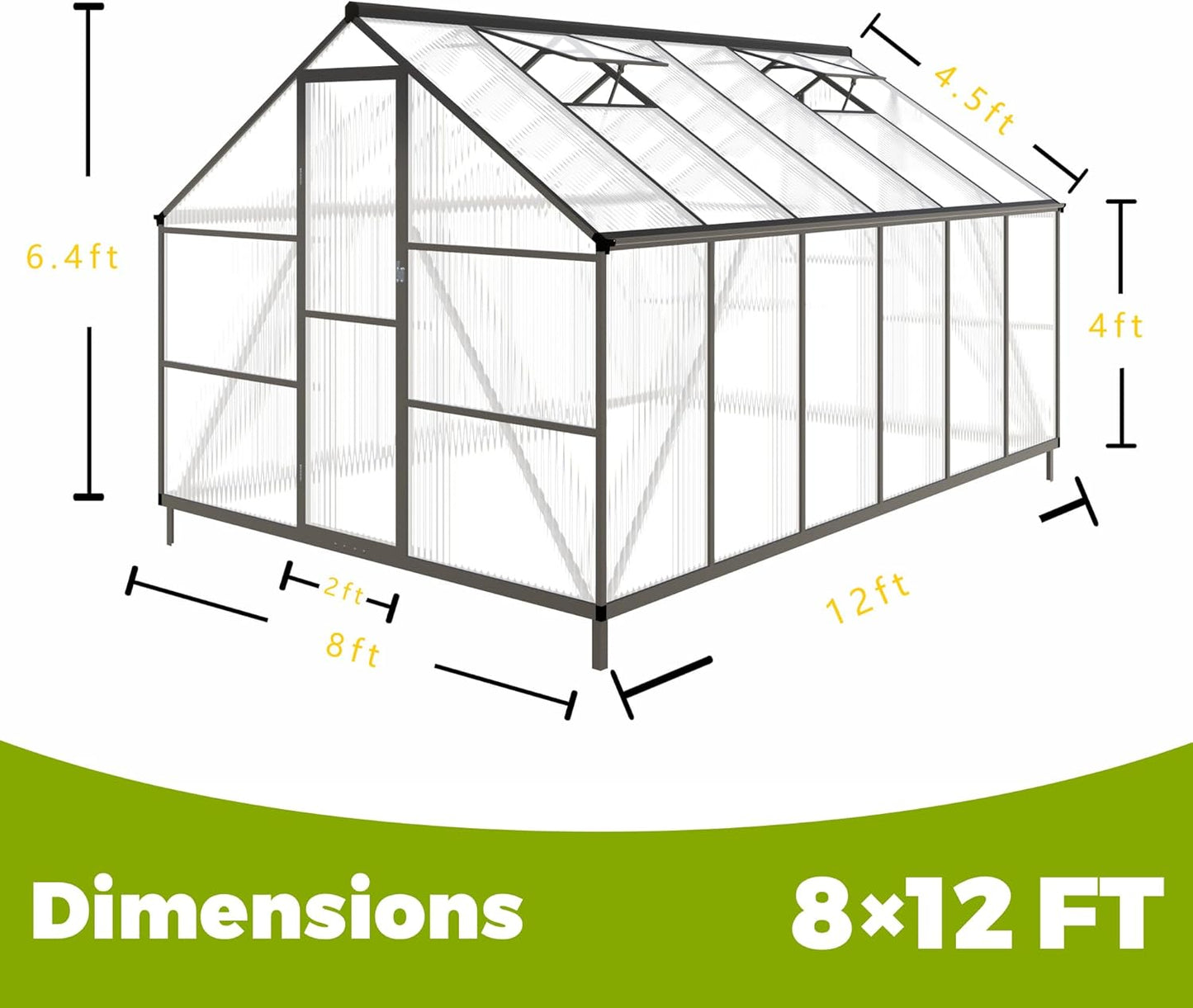 8x12 FT Greenhouses for Outdoors, Polycarbonate Greenhouse with PC Panels, Greenhouses for Outdoors for Yard, Garden, Hobby, Dark Grey