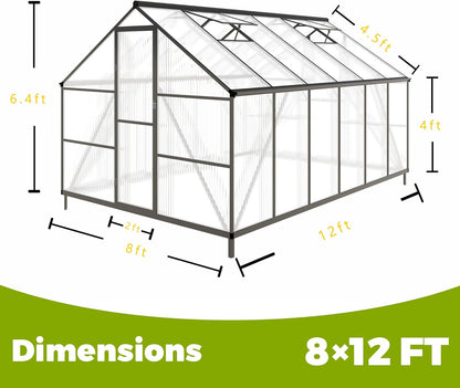 8x12 FT Greenhouses for Outdoors, Polycarbonate Greenhouse with PC Panels, Greenhouses for Outdoors for Yard, Garden, Hobby, Dark Grey