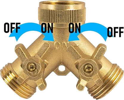 Hourleey Brass Garden Hose Splitter (2 Way), Solid Brass Hose Y Splitter 2 Valves with 2 Extra Rubber Washers (Brass)