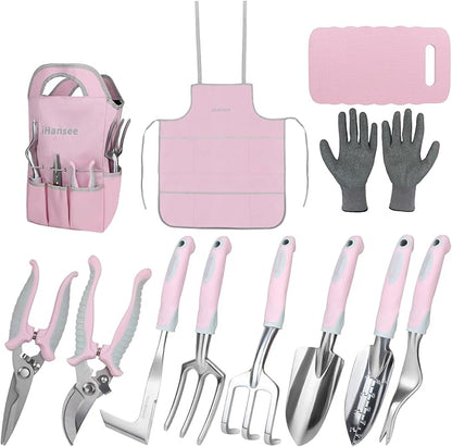 Pink Garden Tool Sets 12 Pieces, iHansee Aluminum Gardening Hand Tools with Non-Slip Handle, Kneeling Pad, Apron, Gloves and Organizer Bag, Landscaping Tools - Gift for Women & Garden Enthusiasts