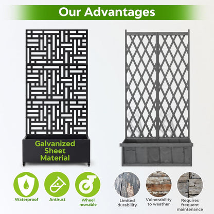 Metal Planter Box with Trellis,71”Raised Garden Bed with Trellis Privacy Screen and Drainage.Wheeled for Patio Flexibility,for Climbing Veggies/Flowers.DIY-Friendly Design