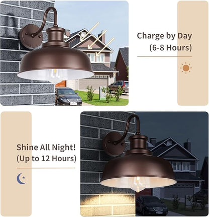 Solar Barn Light for Outside, Gooseneck Outdoor Wall Lights Solar Powered, Farmhouse Exterior Wall Sconce, Industrial Outside Lighting Fixture, Rustic Lantern for Garage, Barn, Shed,RZSR007-2 OW