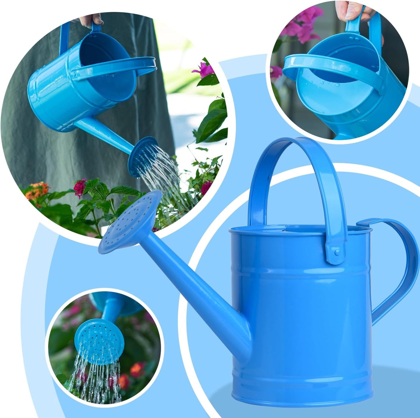 Sungmor 1.5 Liter Small Bright Blue Watering Can for Indoor Outdoor Plants, Cute Little Kids Gardening Watering Cans, Lightweight Portable Metal Watering Can, Anti-Rust Pretty Bucket Watering Device