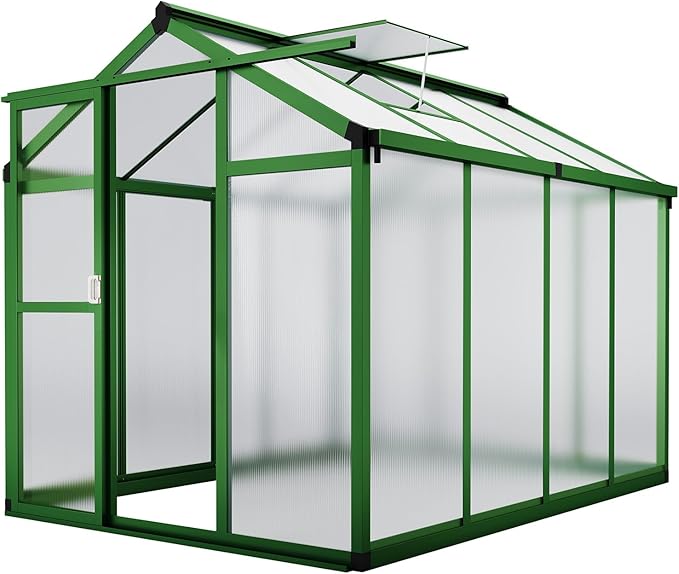 6x8 FT Polycarbonate Greenhouse with Roof Vent - Large Aluminum Walk-in Greenhouse Kit for Gardening, Backyard, Patio, Lawn - Easy Assembly