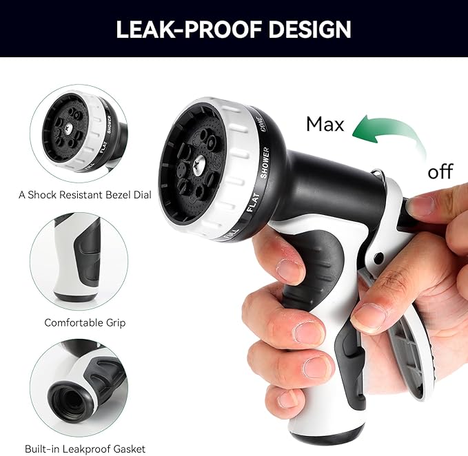 Garden Water Hose Nozzle ABS Water Spray Nozzle with 10 Spray Modes Suitable for Watering Plants, Iawns and Gardens, Car Washing, Cleaning, Showering Pets and Outdoor Fun, Gray