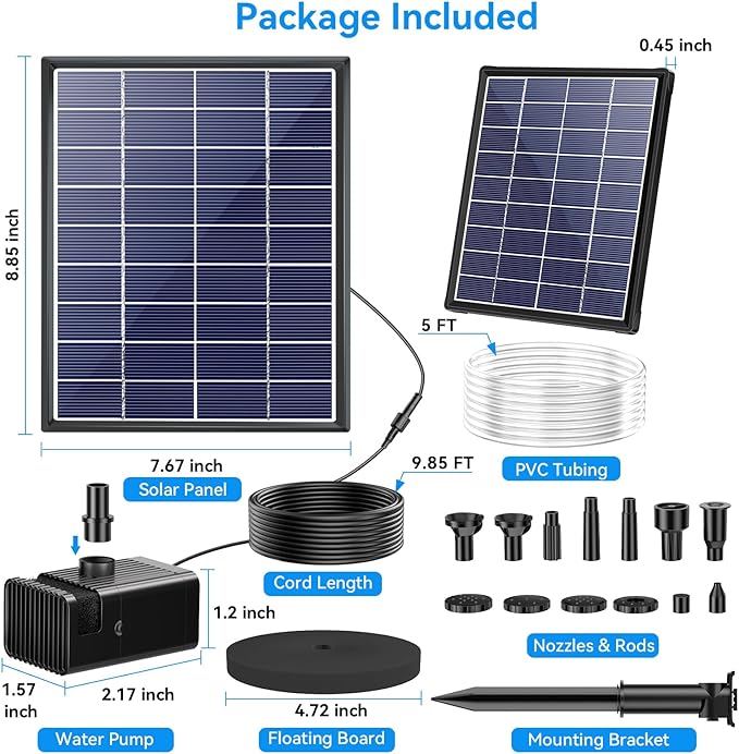 POPOSOAP 6.5W Solar Fountain Pump for Bird Bath Built-in 3000mAh Battery Backup, DIY Solar Water Fountain with Double-Layer Nozzles & Dry-Run Protection 5Ft Tubing for Ponds, Bird Bath, Water Features