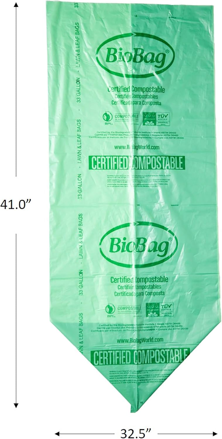 BioBag USA 100% Certified Compostable Lawn & Leaf Yard Waste Bags, 33 Gallon, Large Capacity and Weather Resistant, 60 Count