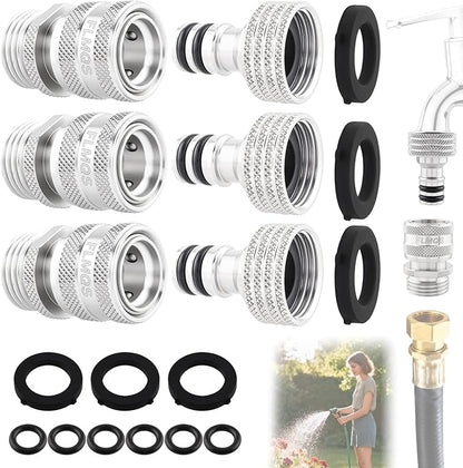 Garden Hose Quick Connect 3 Set, Solid Stainless Steel 3/4 inch GHT Quick Connector Garden Hose Fitting, Leak Proof up to 120 PSI Water Hose Connectors Adapter, Premium Hose Connect (3 Set)